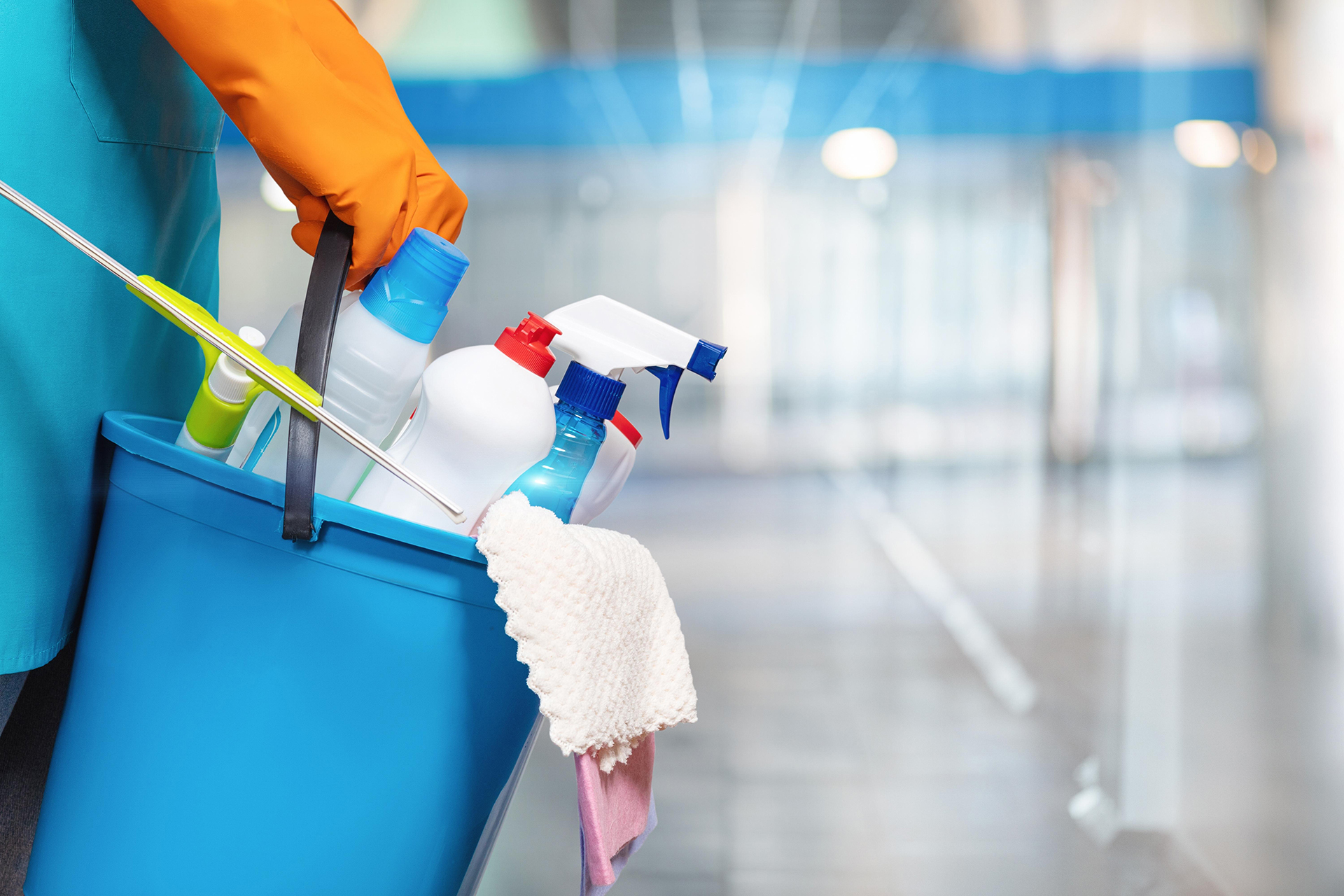 The concept of cleaning services. A cleaning lady is holding a b